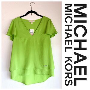 NWT MICHAEL Michael Kors Women's Flutter Sleeve V-Neck Blouse in Green Apple XS